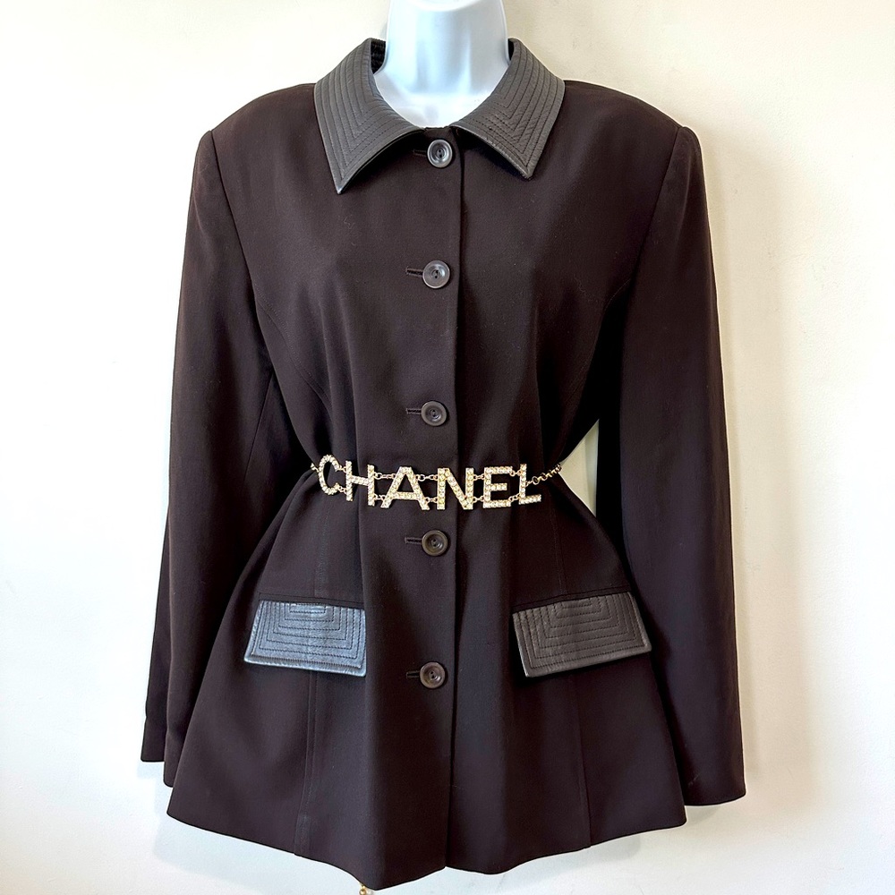 Vintage Brown Wool & Leather Contrast Blazer Jacket By Oscar De La Renta Size 14 - Picture 1 of 14